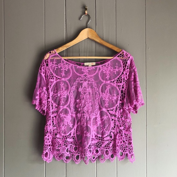Gianni Bini Tops - Hot Pink Patterned Lace Crop Top